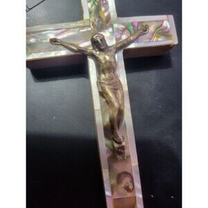Vintage Hanging Mother of Pearl Crucifix Olive Wood Jerusalem 4 3\4" Cross Jesus